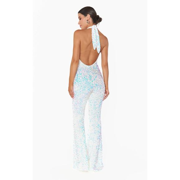 Show Me Your Mumu Studio Halter Jumpsuit in White Sparkle Sequin M - Picture 9 of 9